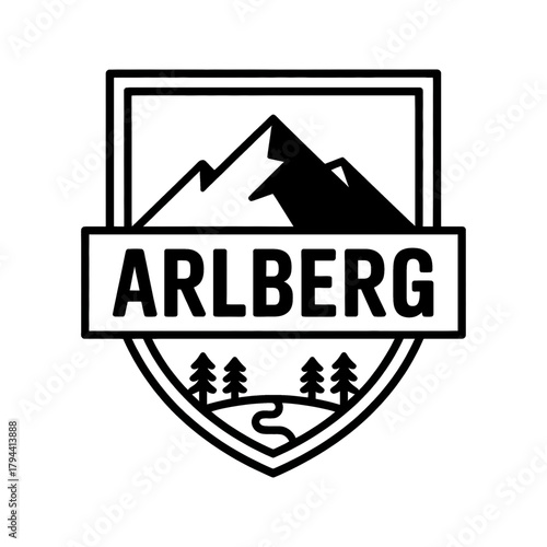 Scenic Arlberg Mountains logo featuring towering peaks, pine trees, and a winding river