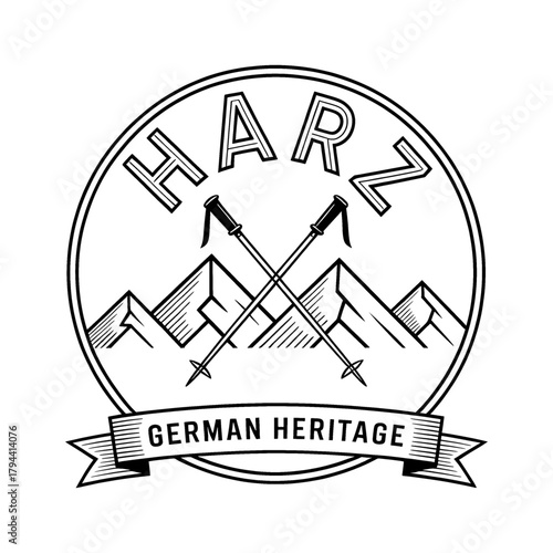 Scenic Harz Mountains logo featuring towering peaks, pine trees, and a winding river