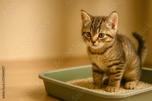 A kitten is sitting in a litter box