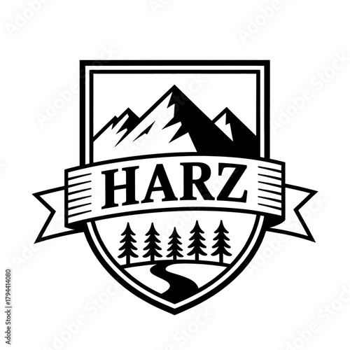 Scenic Harz Mountains logo featuring towering peaks, pine trees, and a winding river