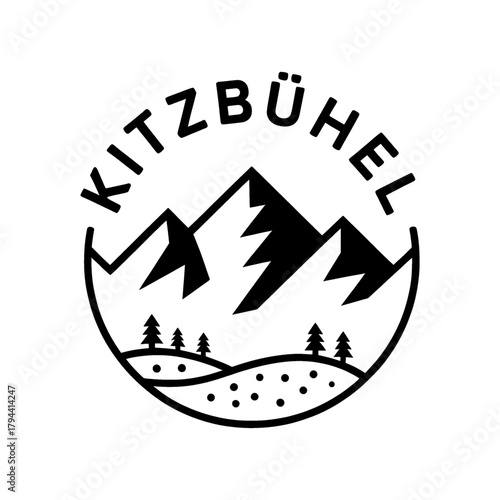Scenic Kitzbühel Mountains logo featuring towering peaks, pine trees, and a winding river