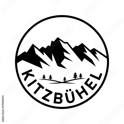 Scenic Kitzbühel Mountains logo featuring towering peaks, pine trees, and a winding river