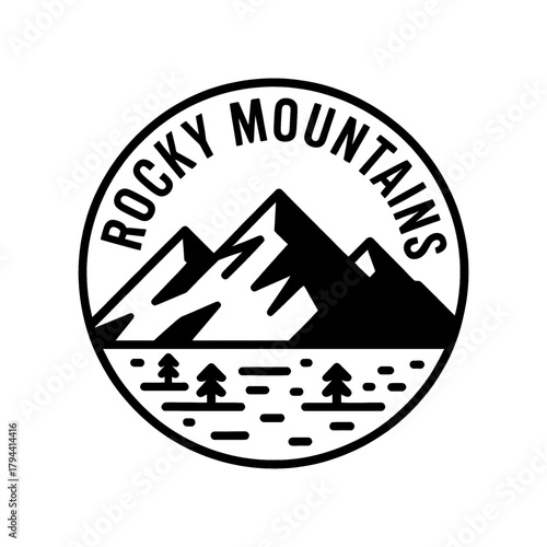 Scenic Rocky Mountains logo featuring towering peaks, pine trees, and a winding river