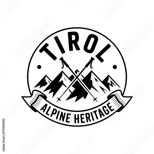 Scenic Tirol Mountains logo featuring towering peaks, pine trees, and a winding river