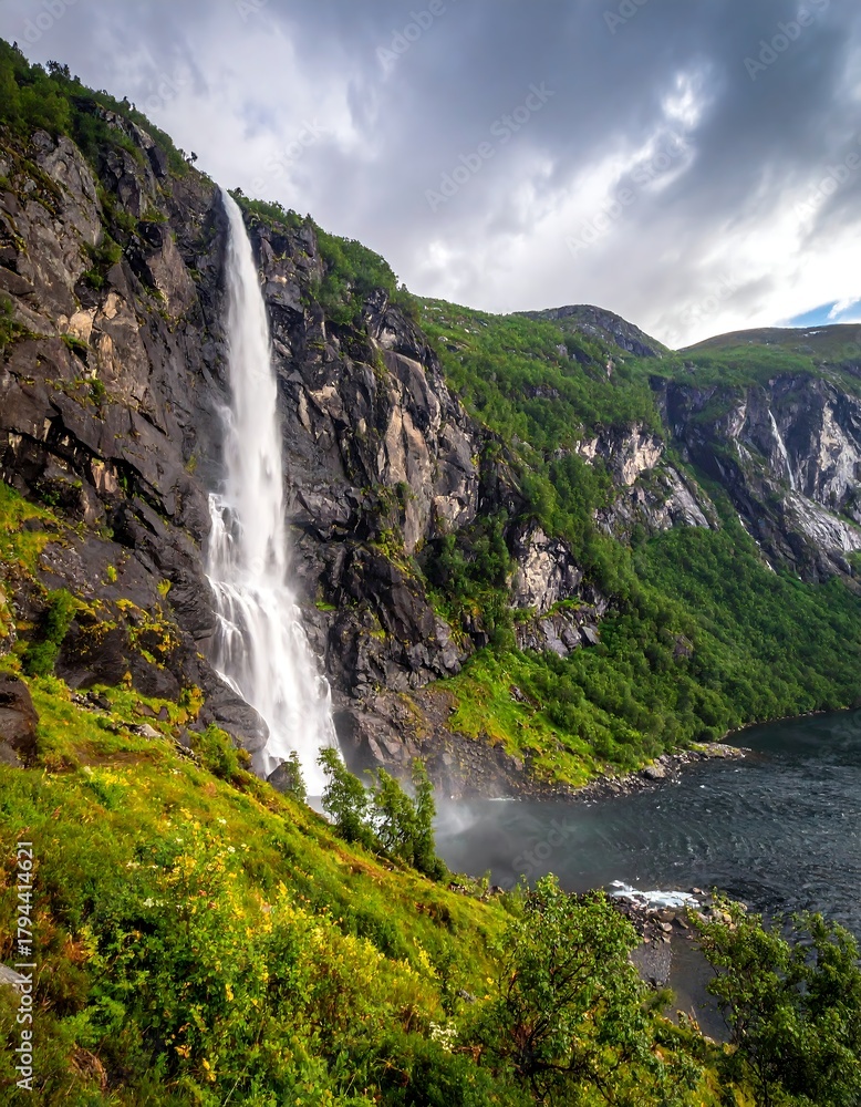 Obraz premium A tall waterfall cascades down a rocky cliff surrounded by lush green foliage