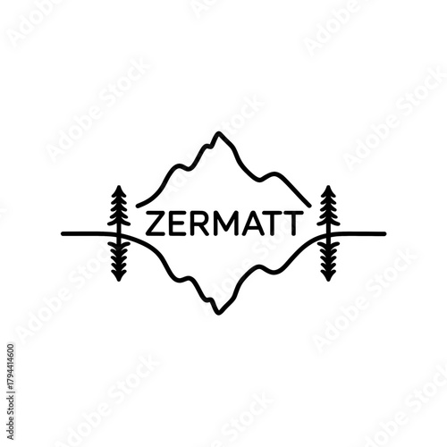 Scenic Zermatt Mountains logo featuring towering peaks, pine trees, and a winding river