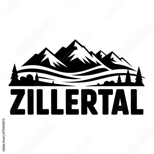  Scenic Zillertal Mountains logo featuring towering peaks, pine trees, and a winding river