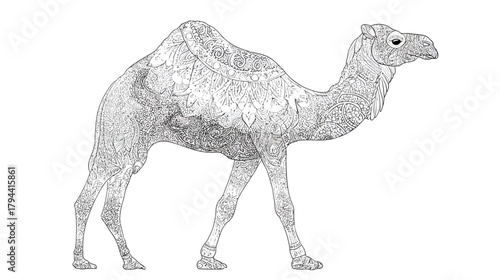 Artistic black and white illustration of a dromedary camel, detailed line drawing in a vintage engraving style, isolated on white background