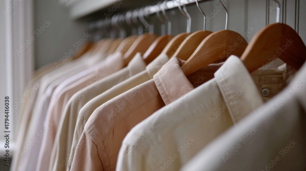 Obraz premium A neat wardrobe system showcases a collection of beige shirts elegantly hanging on wooden hangers. The soft tones create a calming and stylish atmosphere in the room