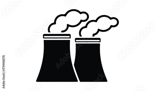 Black and white icon of industrial cooling towers emitting steam