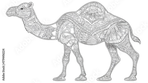 Ornate Camel Illustration with Intricate Zentangle Patterns. Detailed Desert Animal Line Art for Adult Coloring Book Page