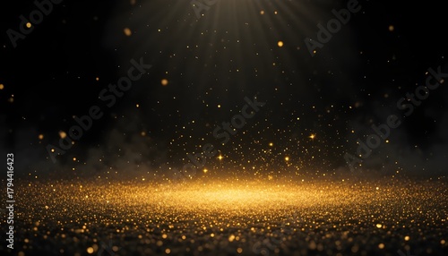 “Shining Golden Floor with Sparkling Particles on Black Background”