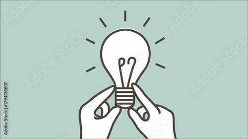 Bright idea concept with hands holding a glowing light bulb. Creative innovation and solution inspiration illustration.