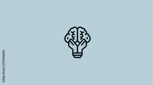 Creative brain icon with hands forming a lightbulb. Concept of innovative thinking, idea generation, intelligence, mental well-being, and support.