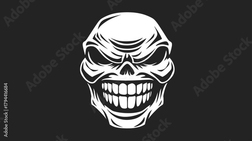 White angry grinning skull vector illustration on black background, menacing spooky graphic design element for horror themes.