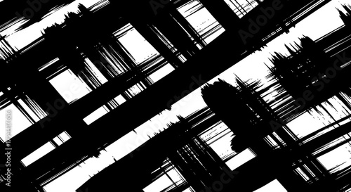 Abstract artwork featuring bold black brushstrokes intersecting against a bright white background, creating a dynamic visual texture.