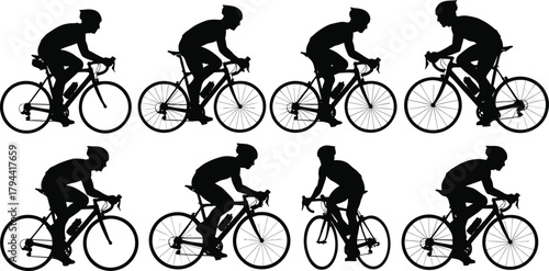Silhouette of cyclists riding bicycles in motion, group of people cycling together, fitness training, sport exercise, healthy active lifestyle