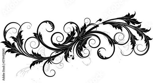 Elegant black ornate flourish with swirling leaves and delicate tendrils, creating a decorative border element.