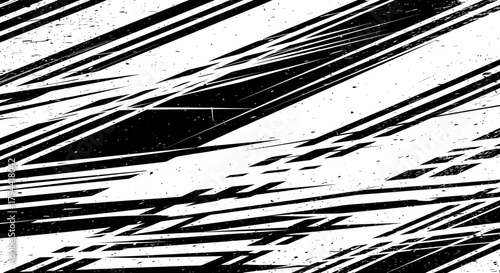 Abstract black and white pattern with dynamic diagonal lines and distressed texture.