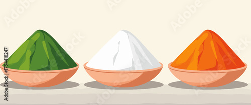 Three bowls filled with green, white, and orange powder representing the colors of the Indian flag, symbolizing patriotism and national pride on a light background.