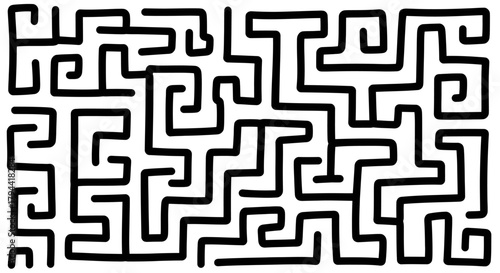 A complex black and white maze with intricate pathways and a challenging design for navigation.