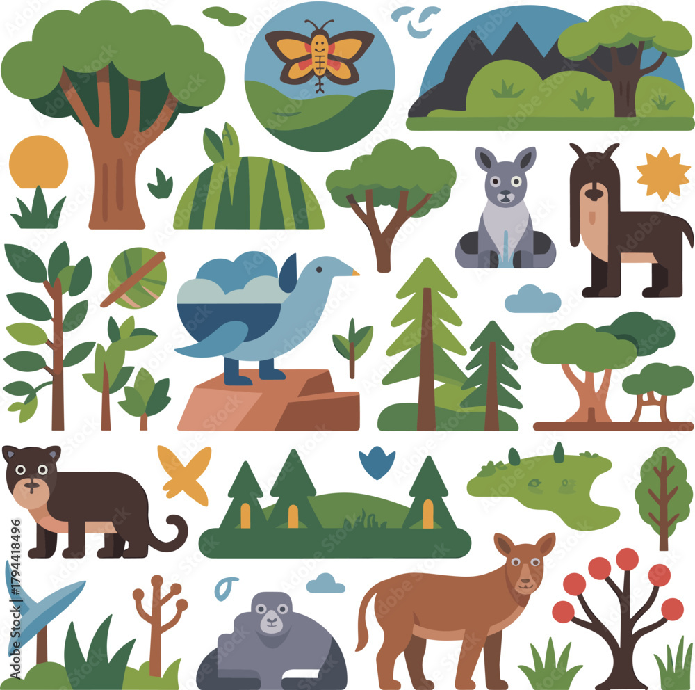 Obraz premium Flat Design Nature and Wildlife Vector Illustration Set, Forest Animals, Trees, and Landscape Elements