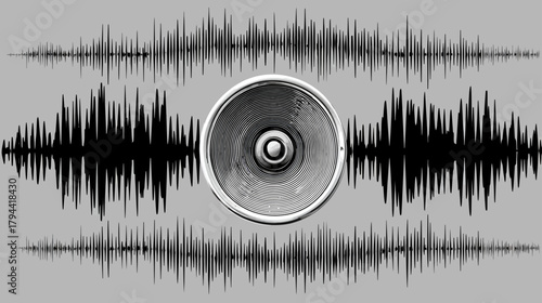 Dynamic sound waves with central speaker cone. Abstract audio visualization, digital equalizer, music production, technology background.