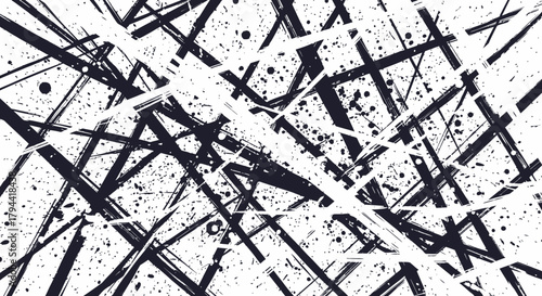 Abstract artwork featuring a chaotic arrangement of intersecting lines and splattered paint, creating a dynamic composition.