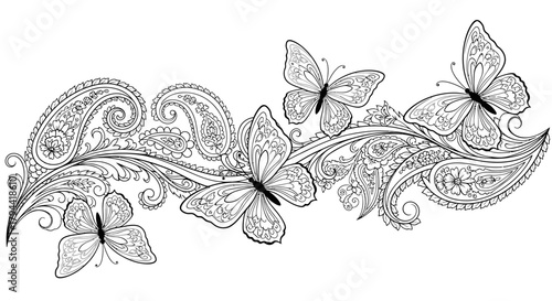 Intricate black and white line art illustration of delicate butterflies with detailed paisley patterns and elegant floral scrollwork, perfect for coloring.