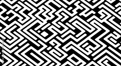 Intricate black and white maze pattern, a complex design with winding pathways and geometric shapes.