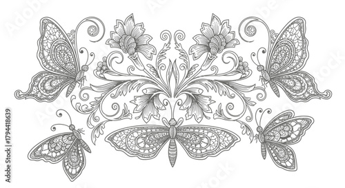 Intricate black and white illustration of decorative butterflies and moths with elegant floral scrollwork.