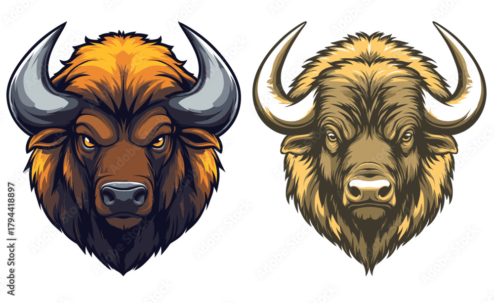 Fototapeta premium Two stylized bison head illustrations in contrasting color palettes