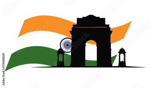 India gate silhouette stands proudly against the backdrop of the national flag, symbolizing patriotism and national pride on independence day.