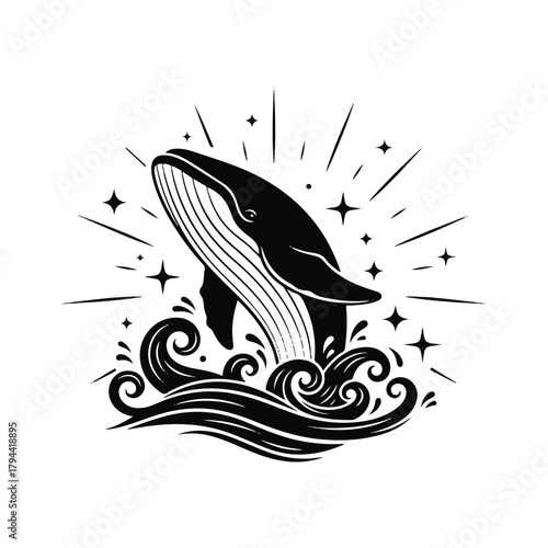 A black and white illustration of a whale breaching the ocean surface, surrounded by waves and radiating stars.