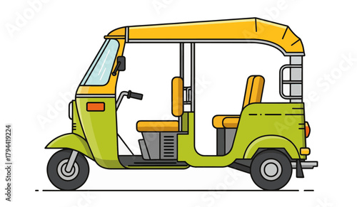 Green and yellow auto rickshaw transports passengers through bustling city streets, offering a convenient and affordable travel option for locals and tourists alike.