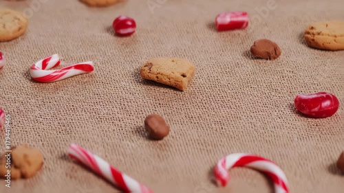 A delightful assortment of Christmas candies and cookies scattered on a festive surface, perfect for holiday cheer.