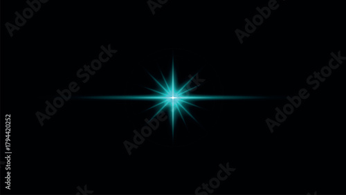 A bright cyan starburst lens flare effect with sharp rays emanating outwards on a, symbolizing energy and light