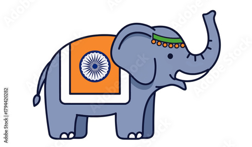 Stylized elephant adorned with Indian flag colors standing proudly, symbolizing India's rich cultural heritage and national pride with a touch of whimsy.