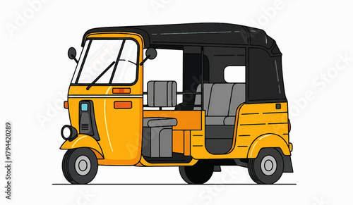 Yellow auto rickshaw transporting passengers on city street, representing vibrant urban transport and cultural experience in bustling cityscape.