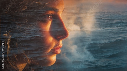 Fototapeta Naklejka Na Ścianę i Meble -  hyper realistic female portrait with ocean waves below, sunset lighting, sea mist connecting the and the water, emotional dreamlike realism