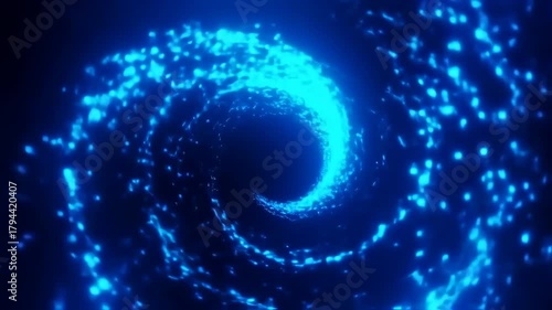 Abstract blue energy spiral tunnel with glowing particles in dark space.
