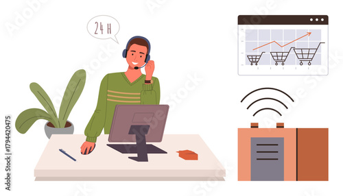 Man providing 247 customer support at a desk with headset, monitoring e-commerce cart trends and working with wireless integration. Ideal for customer service, e-commerce, remote work, online