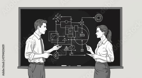 Two professionals discussing complex diagram on a blackboard.