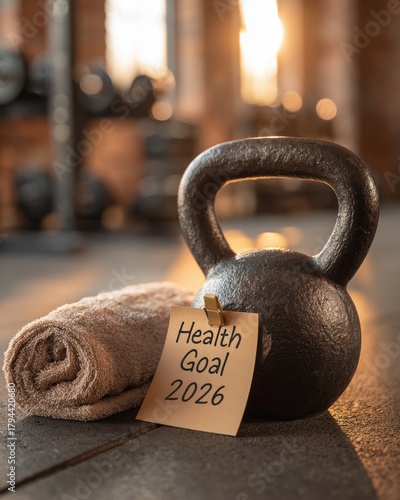Healthy Habits and Movement Goals, focused gym scene with kettlebell, towel and handwritten health goal 2026 note, expressing strength clarity, fitness intention, and daily commitment