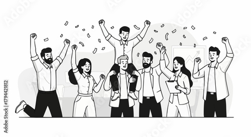 Group of diverse people celebrating success with money falling.