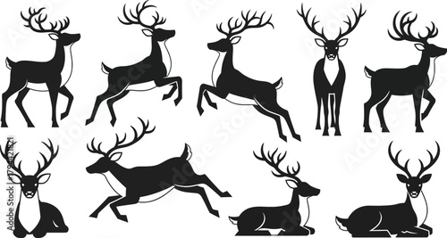 Collection of black stag silhouettes with antlers. Wildlife animal vector illustration set isolated on white.