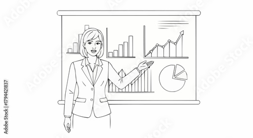 Businesswoman presenting financial data on a whiteboard with charts and graphs.