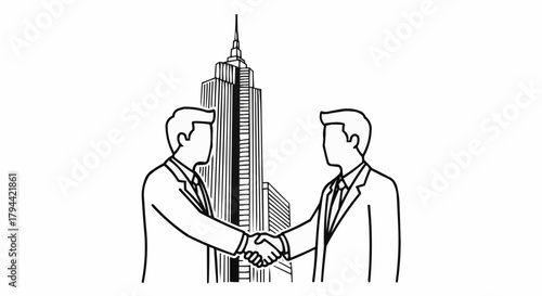 Business Deal Handshake in Front of Skyscraper.