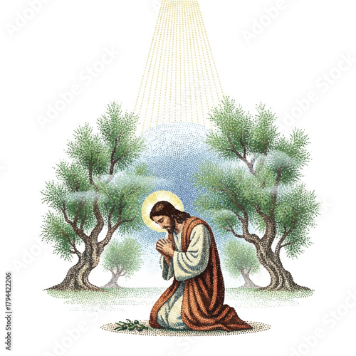 Jesus Christ kneeling in prayer with hands clasped, surrounded by olive trees, bathed in divine light.