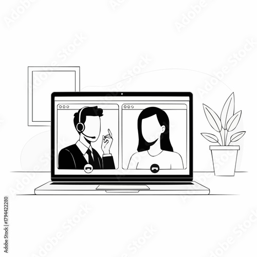 Online video call meeting on laptop screen with two people.
